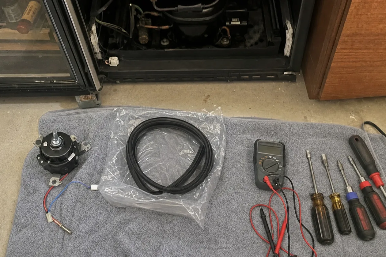 A new condenser fan motor with red and blue leads and a coiled replacement door gasket still sealed in its bag, resting on a towel on a garage floor.