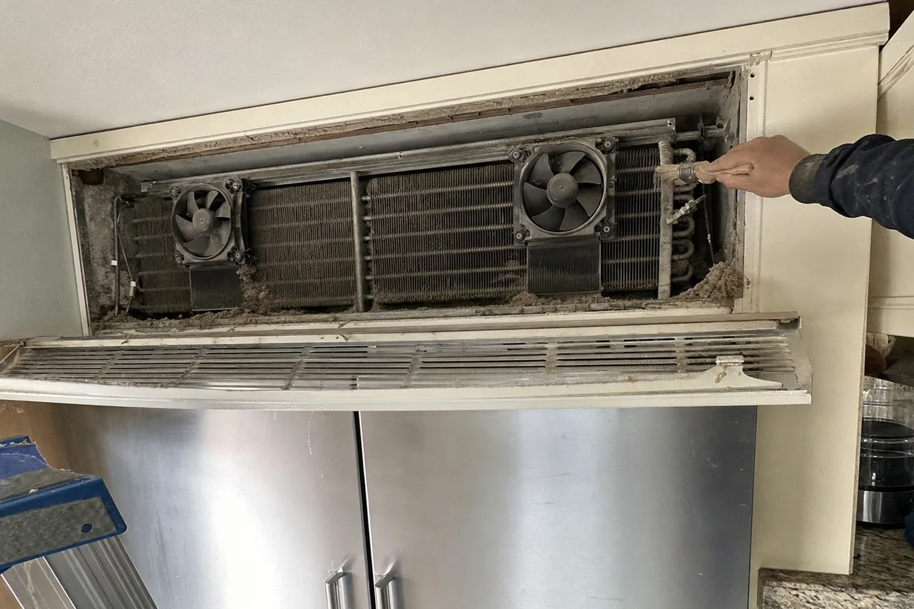 The upper grille lifted off a built-in refrigerator and propped below the opening, exposing two condenser fans and a coil packed grey with lint, a technician reaching in from the right with a brush.