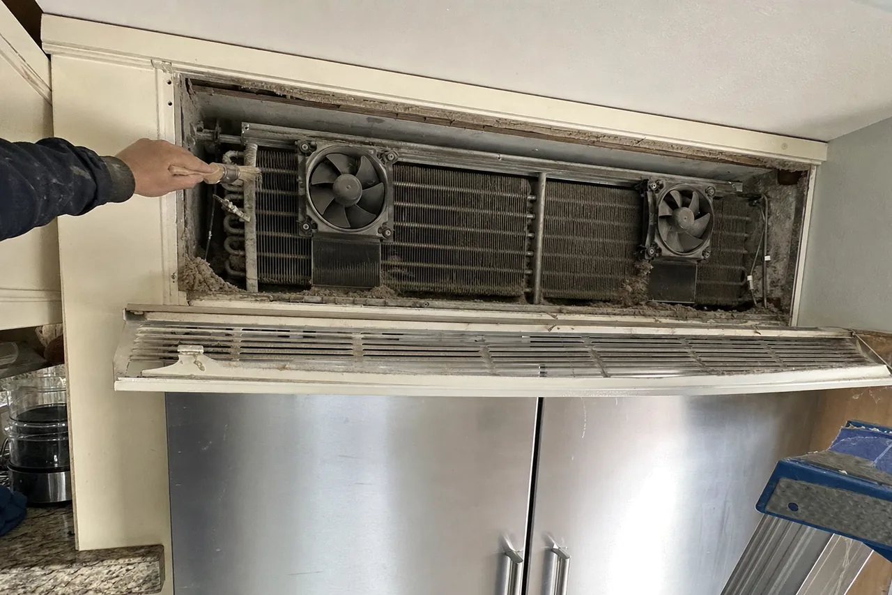 A dust-laden condenser and its two fans seen through the open top of a cabinet, the removed vent grille resting on the door tops below and a step ladder at the edge of the frame.