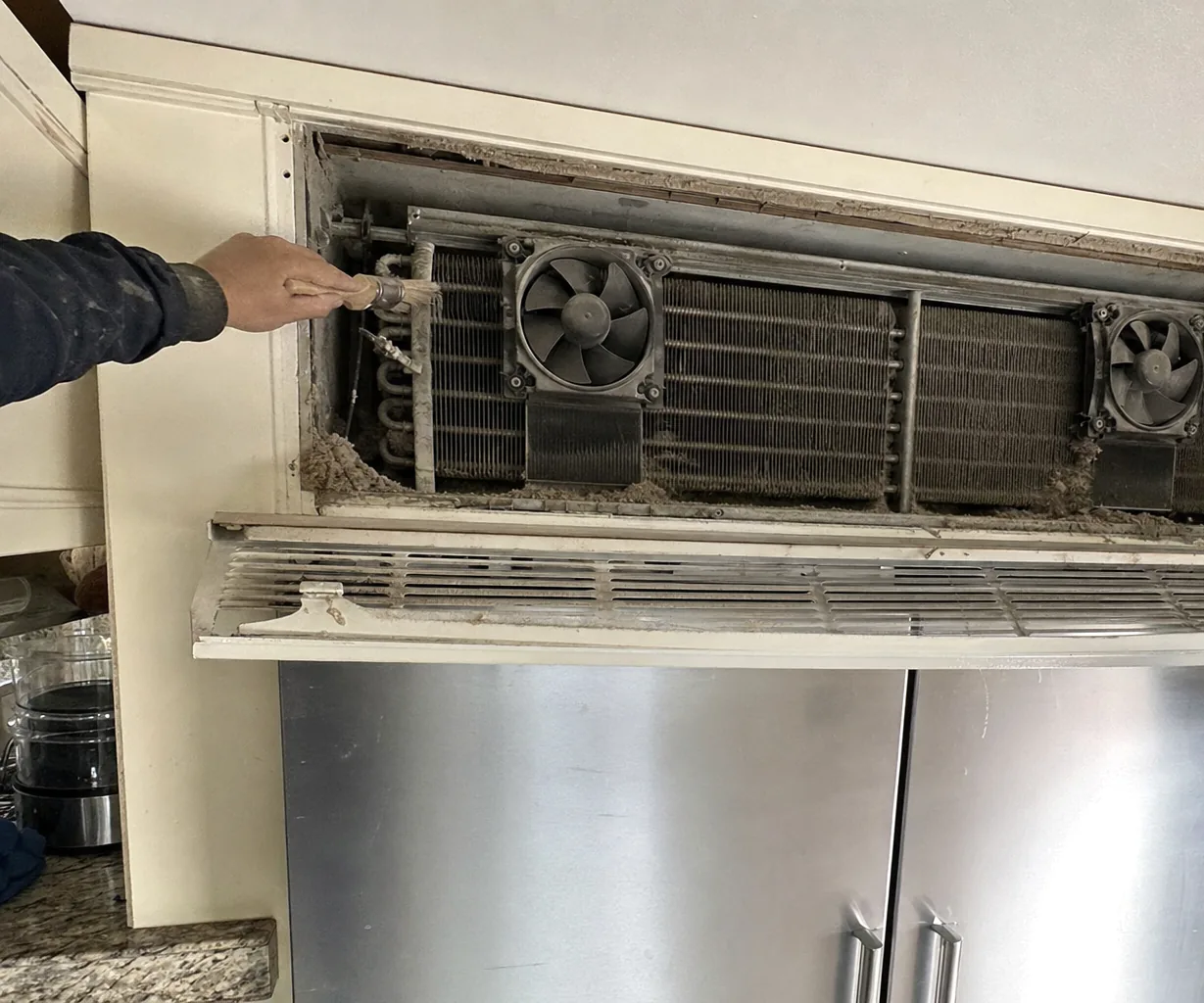 A technician’s forearm and hand working a soft brush between the fins of a condenser coil, the felted grey lint along the frame of the compartment lit hard by daylight.
