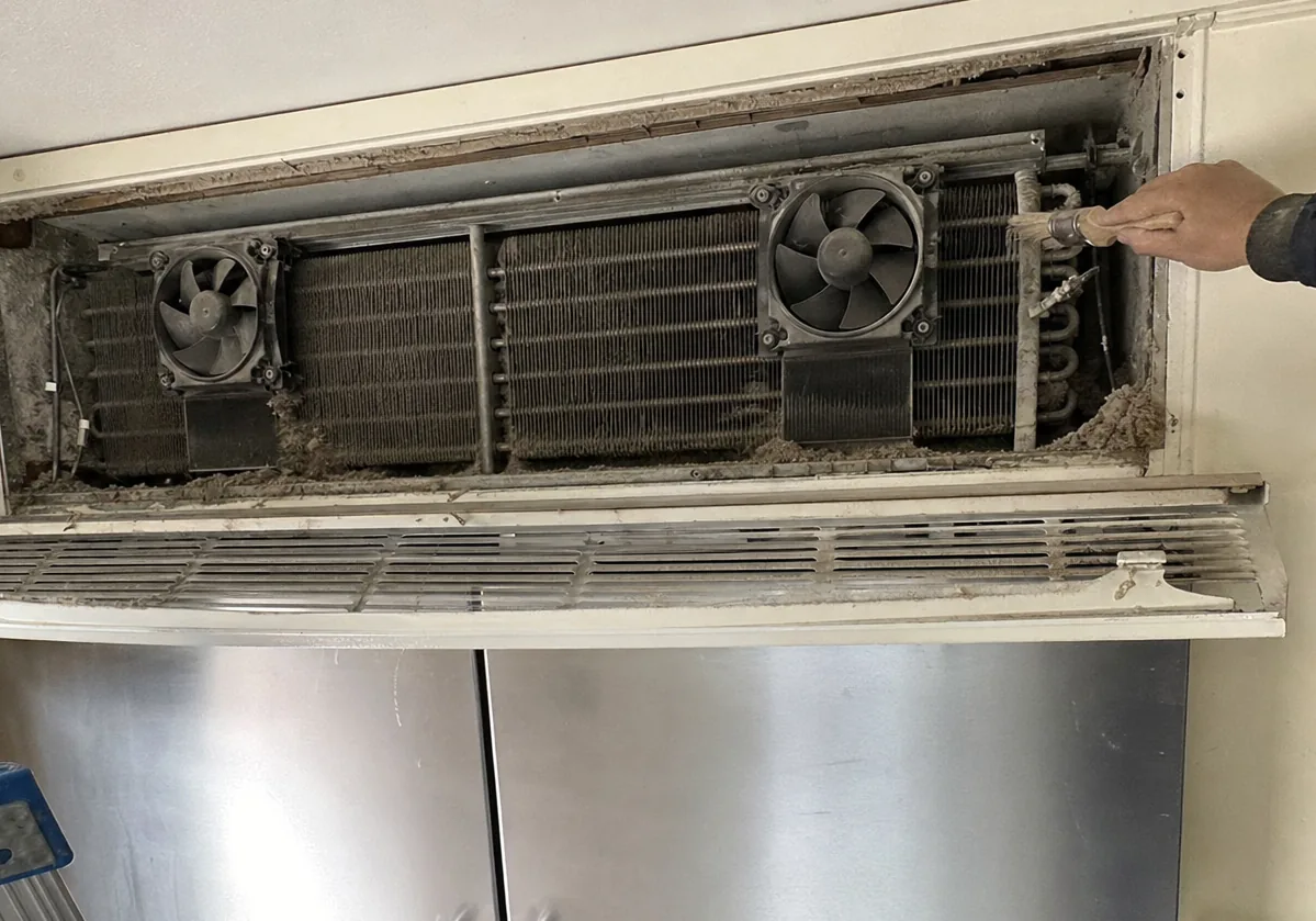 A close view of a condenser coil and fan blanketed in grey felted lint, with clean copper return bends visible at the right-hand end of the bank.
