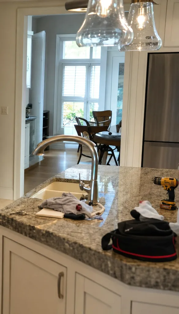 A coastal kitchen island in granite with a deep sink and a mixer tap, a technician’s tool bag and a cordless drill set down on the worktop, and a stainless refrigerator standing beyond the doorway.