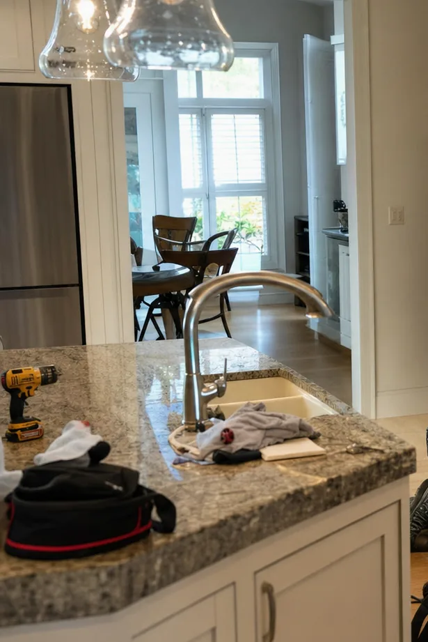 A bright kitchen seen across the island toward a dining room doorway, glass pendant lights above the worktop and a rag and hand tools left on the stone.